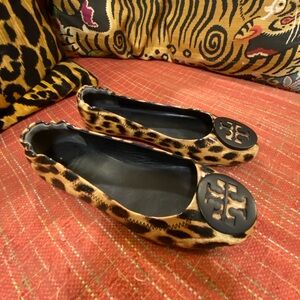 Tory Burch Leopard Print Flats with Black Emblem